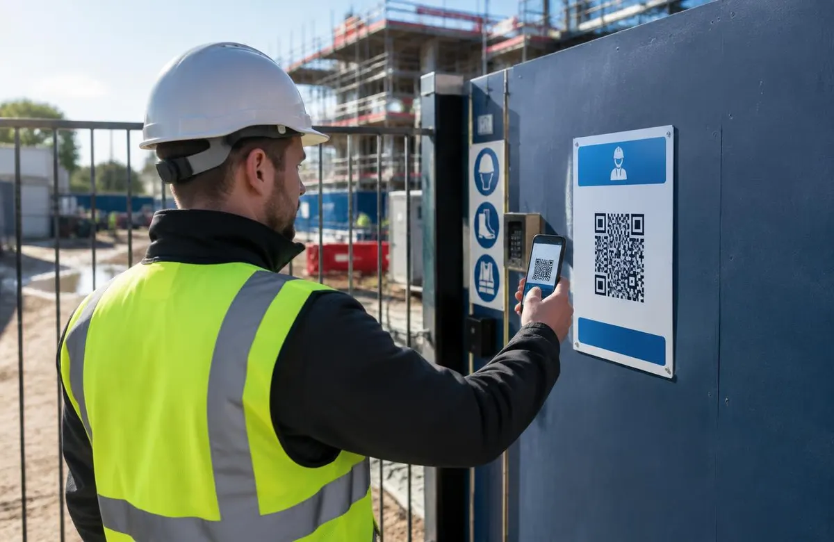A worker in hi-vis scanning a QR code sign on the site gate with his phone to sign in