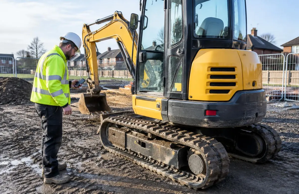 An operator in hi-vis and a hard hat doing a pre-use walkaround check of a mini excavator with his phone