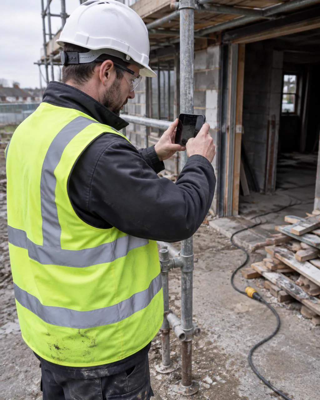 A construction worker in a hard hat and hi-vis vest photographing a hazard on site with his phone