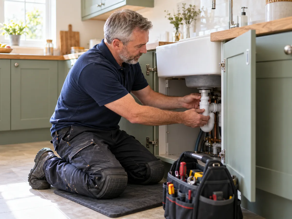 Plumber adjusting pipework beneath a kitchen sink