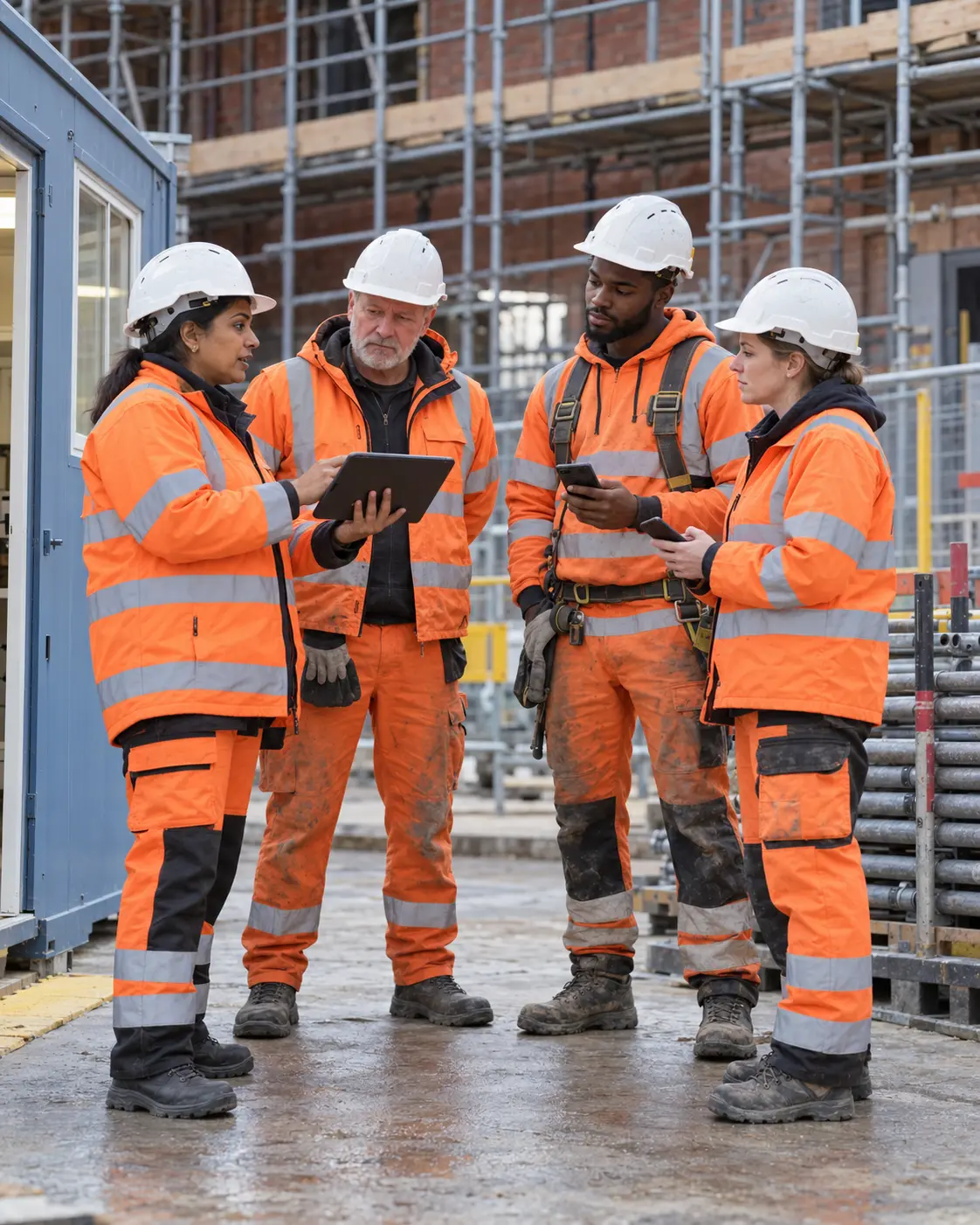 Site workers in hi-vis reviewing a RAMS document on a tablet next to scaffolding