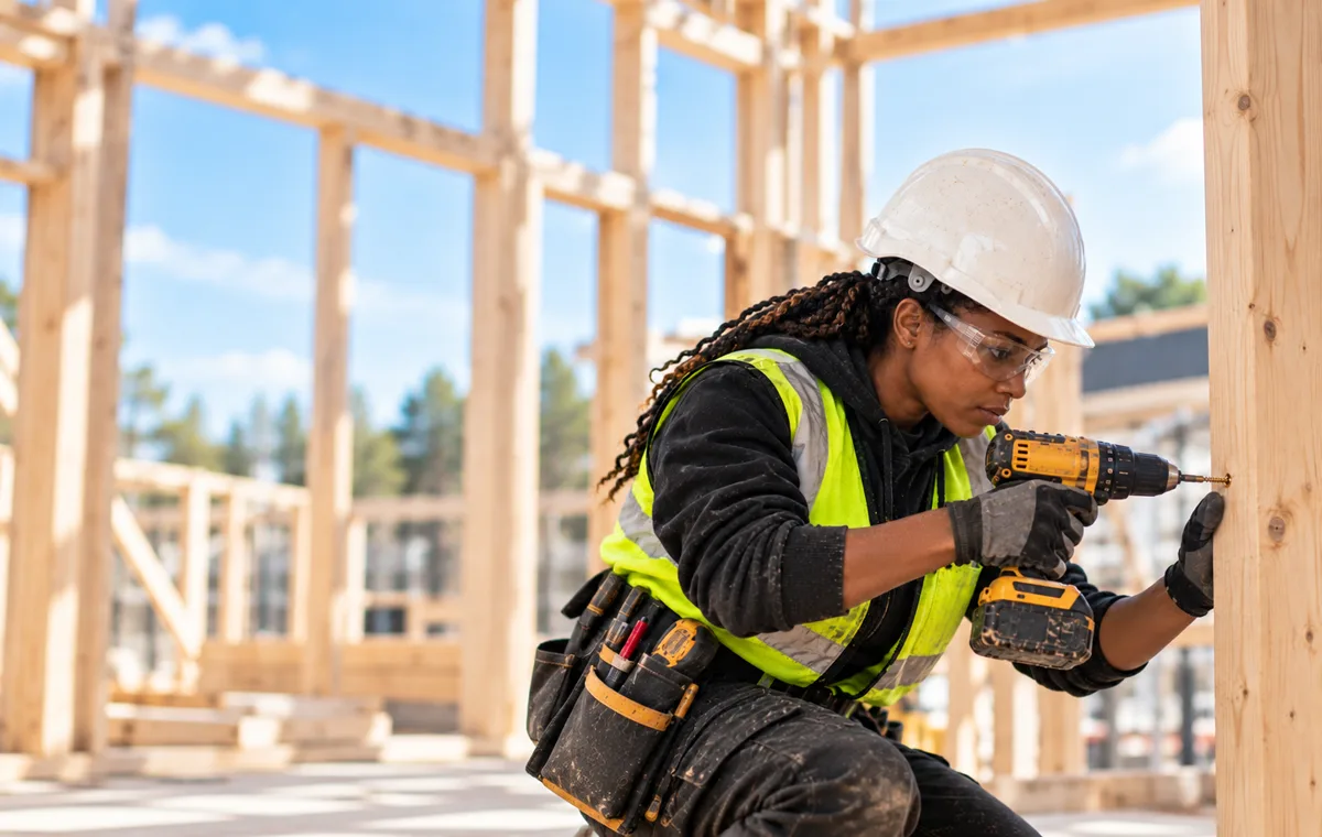 Carpenter in a hard hat and hi-vis vest driving a screw into timber framing with a cordless drill