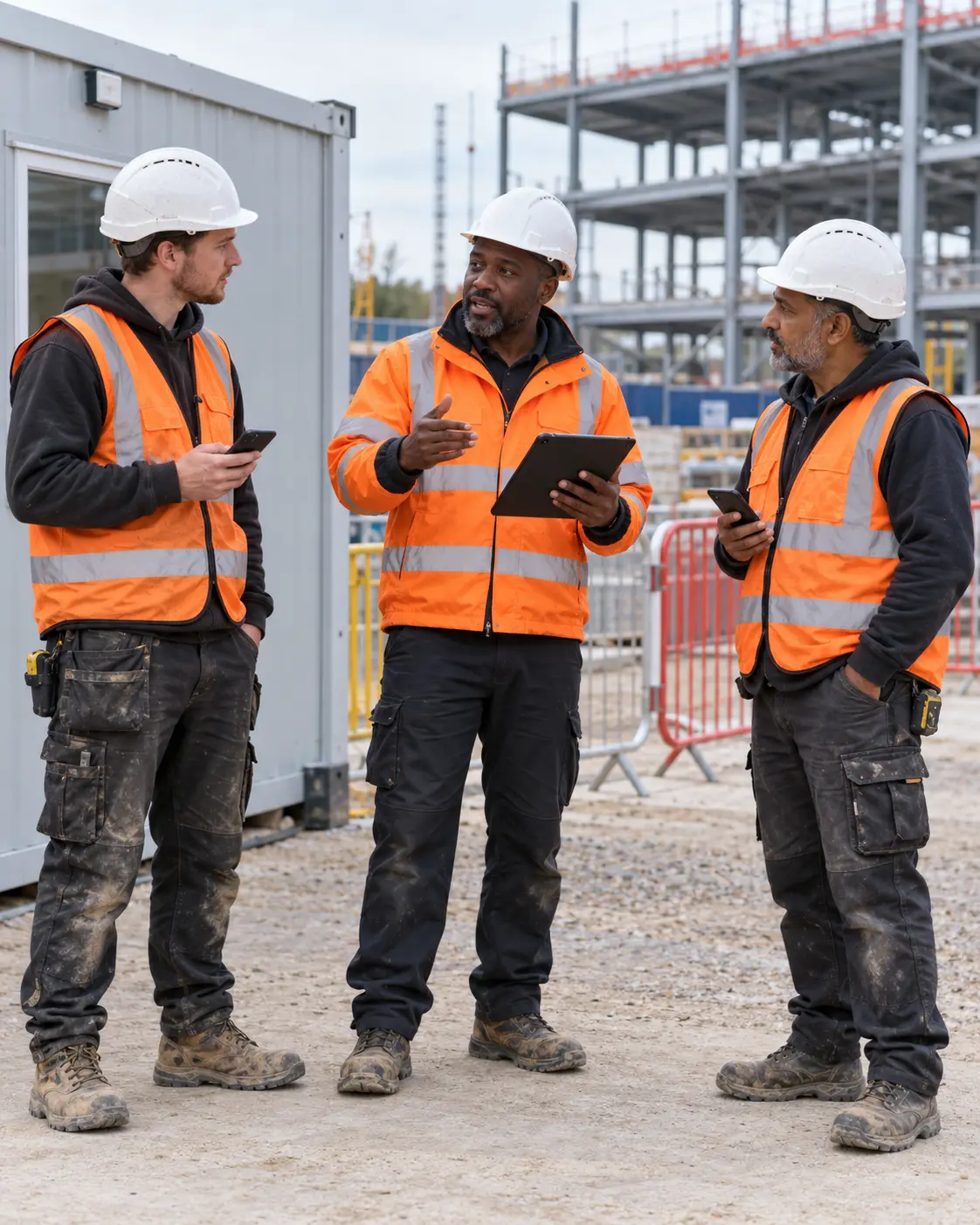 A construction crew in hi-vis gathered around a supervisor giving a toolbox talk beside the site cabin