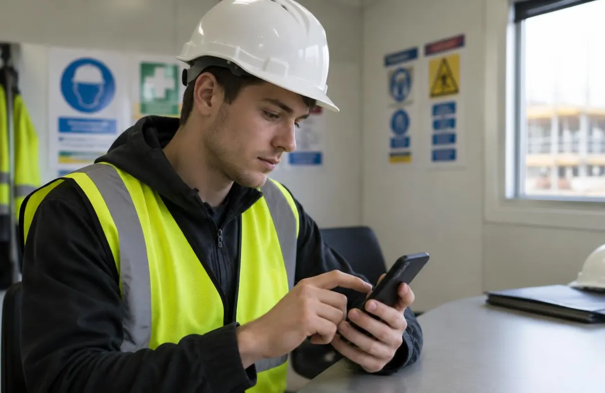A worker completing a site induction on his phone