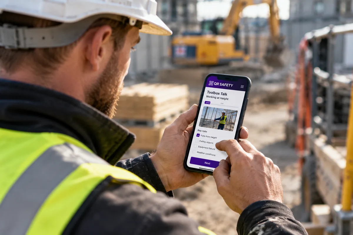 A worker on site opening a QR Safety toolbox talk on their phone