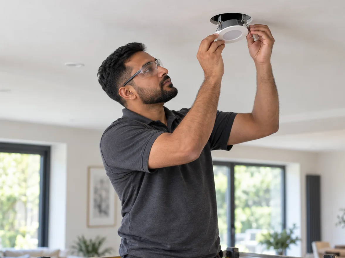 Electrician fitting a recessed LED downlight into a ceiling