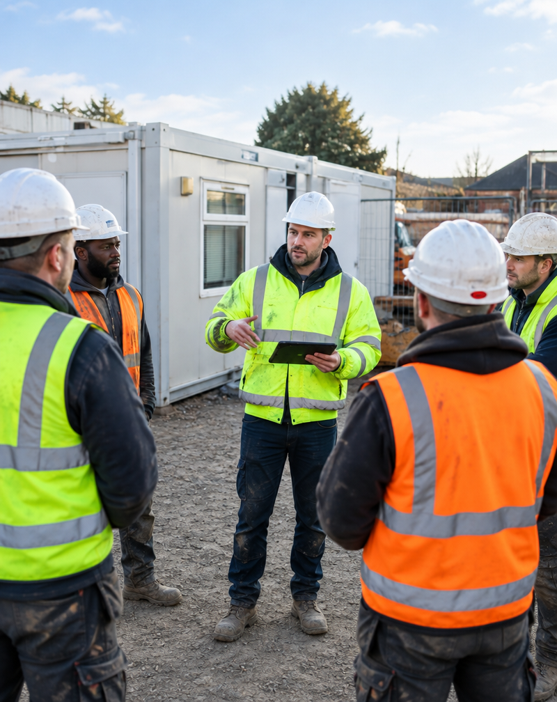 A site supervisor with a tablet giving the morning daily briefing to operatives beside the site cabins